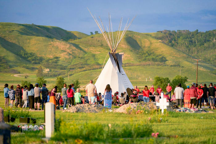 A June vigil on the Cowessess First Nation reservation, in Saskatchewan, near another unmarked grave site.